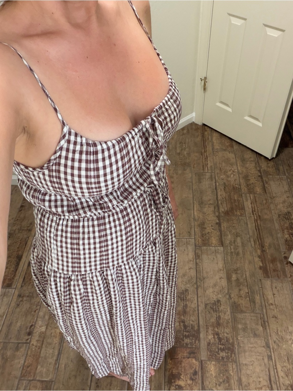 Brown & White Gingham Tiered Maxi Dress with Spaghetti Straps